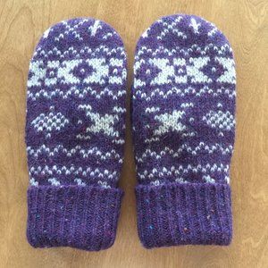 Purple/Cream Print Felted Wool Mittens Handcrafted from Recycled Sweater